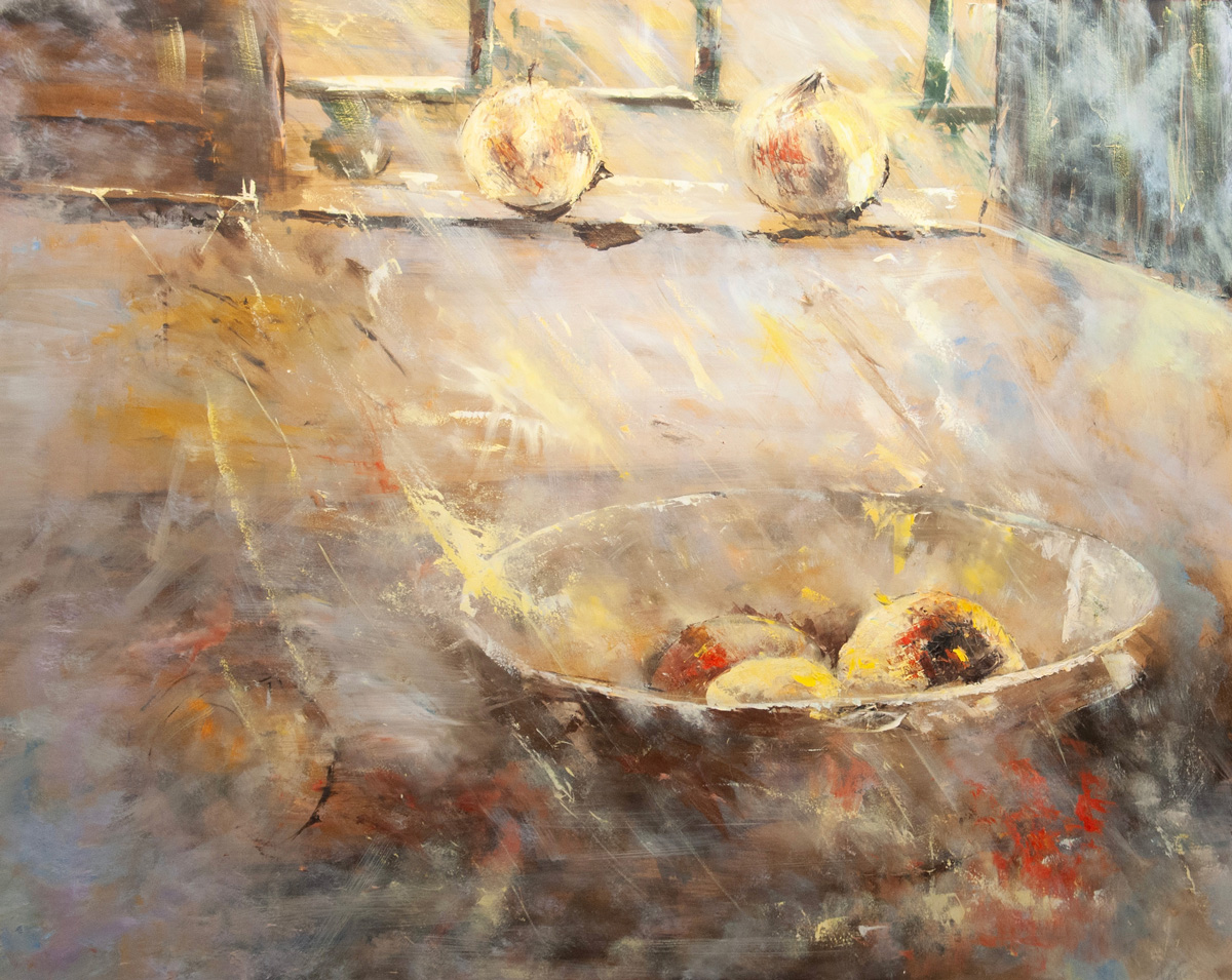 Granadas en Ventana – Bodegón simbólico en óleo sobre madera – Figuración Expresiva – Jesnagar
